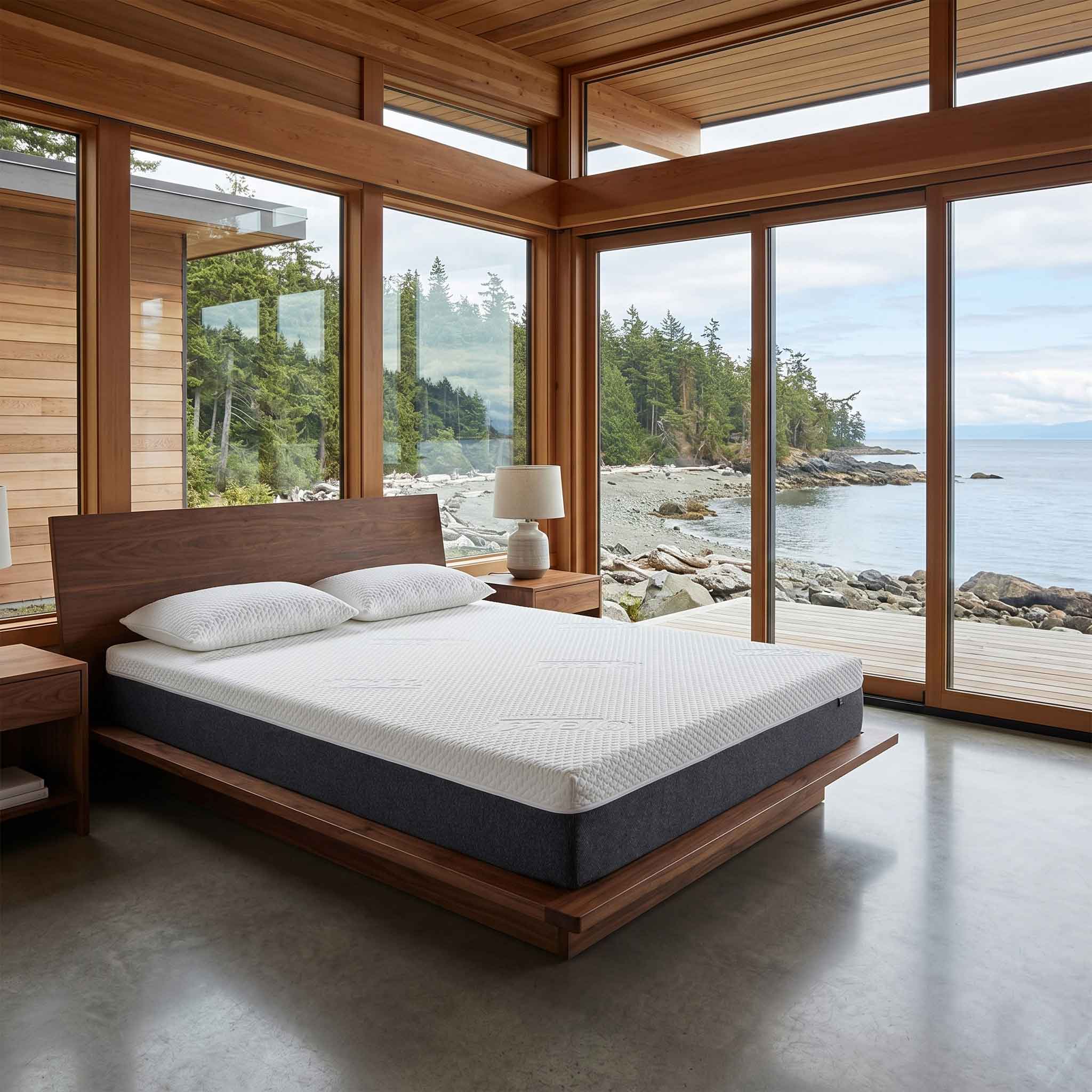 Organic Latex Mattress on Bed frame Overlooking ocean